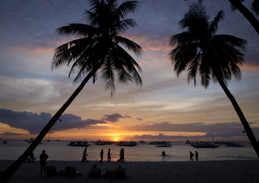 A blue and yellow sunset between two palm trees on the beach in Boracay, Philippines.