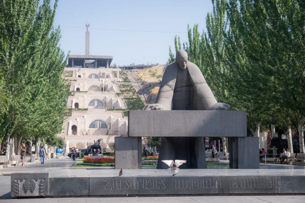 The Cascade in Yerevan, Armenia, staircases on each side of the pyramid, a sculpture park in front.