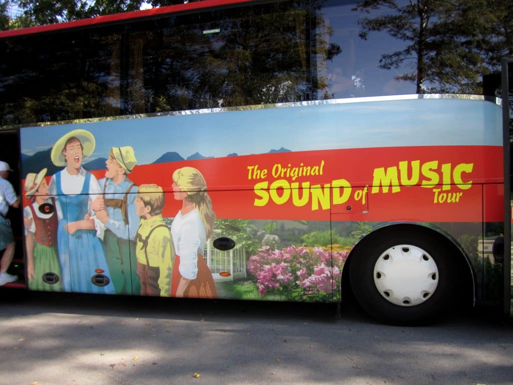 A big bus emblazoned with "The Sound of Music"