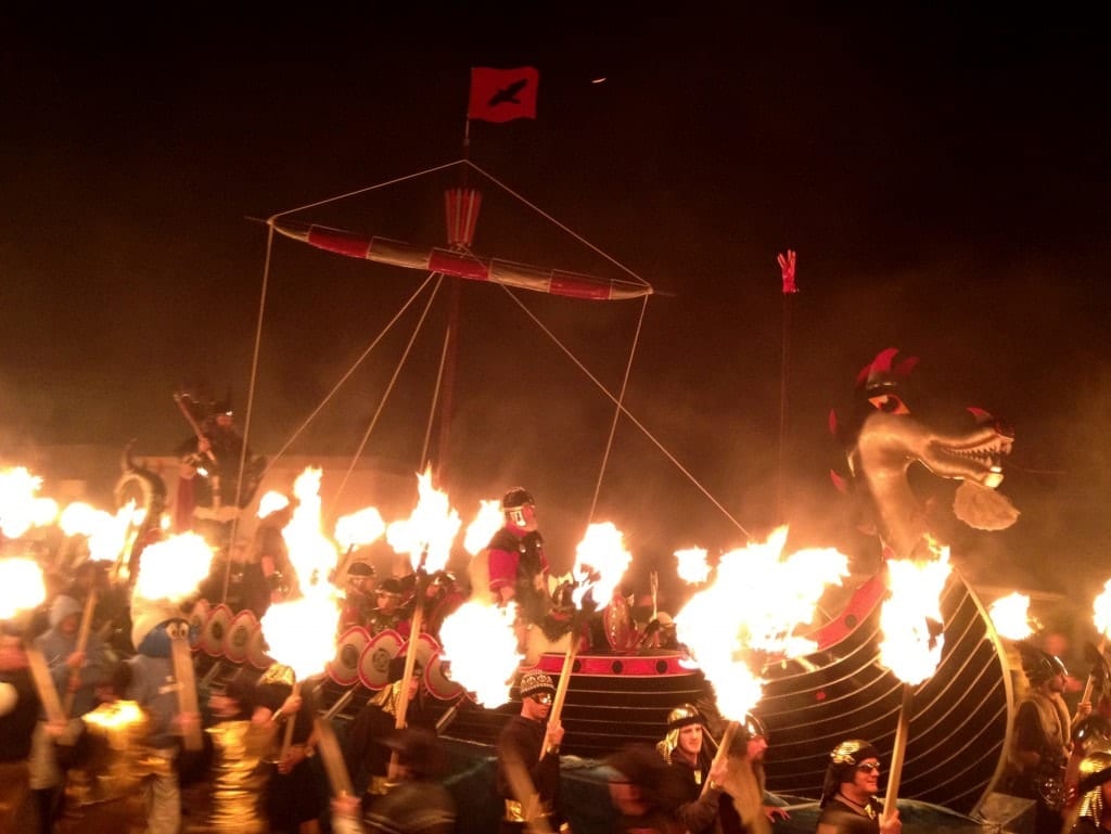 Fiery Viking boat at Up Helly Aa in Shetland