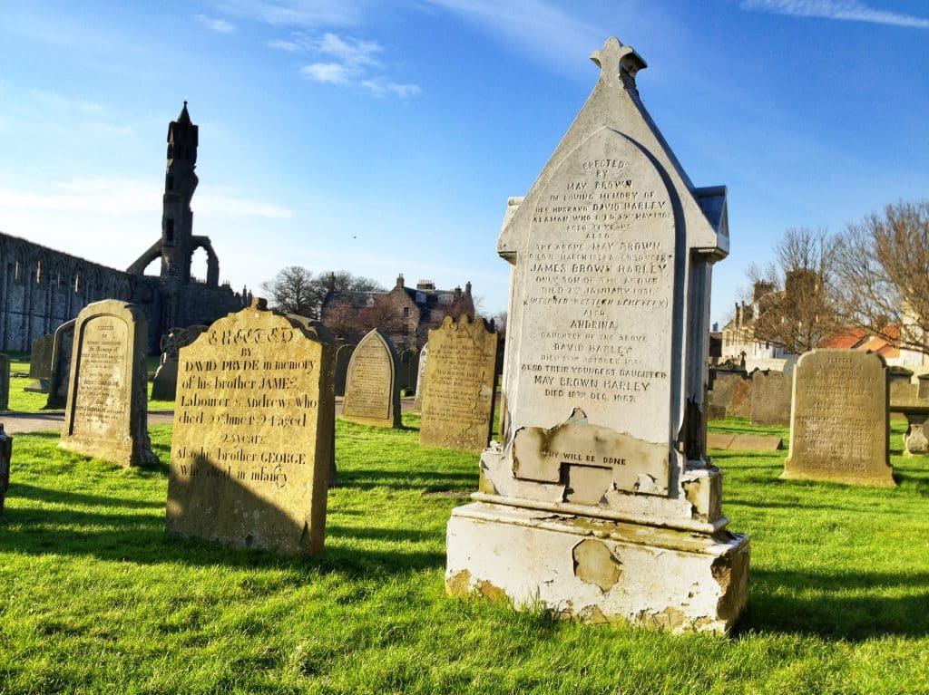 Tall, old-fashioned gravestones in a Scottish cemetery