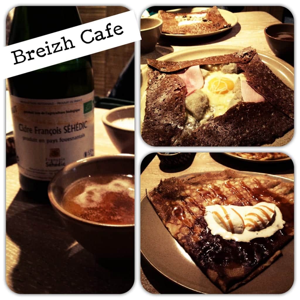 A few images of cider in a bowl, a buckwheat Galette with an egg poking out the center, and a salted caramel crepe with ice cream melting on it.