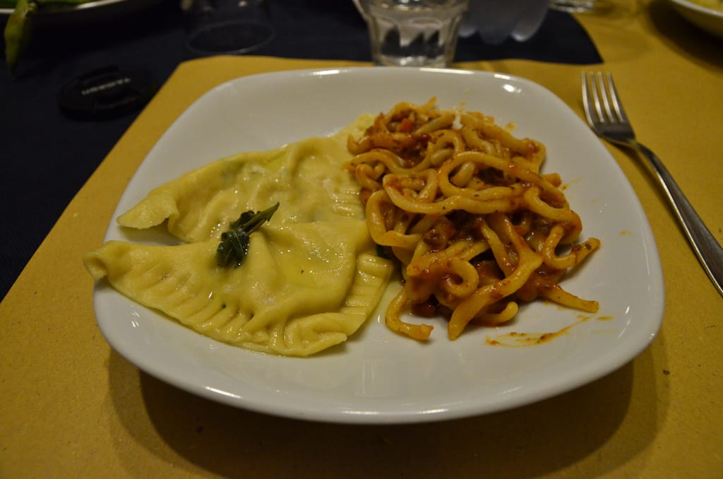 A ravioli and a handful of marinara-drenched pasta.