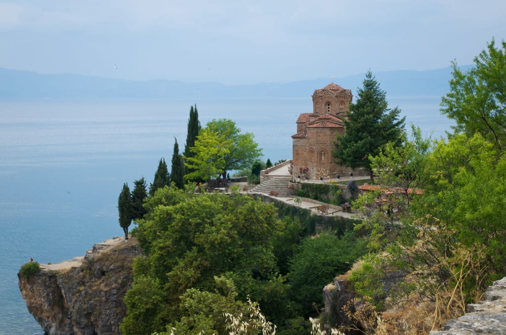 Sveti Jovan church perched on the edge of a cliff at Lake Ohrid