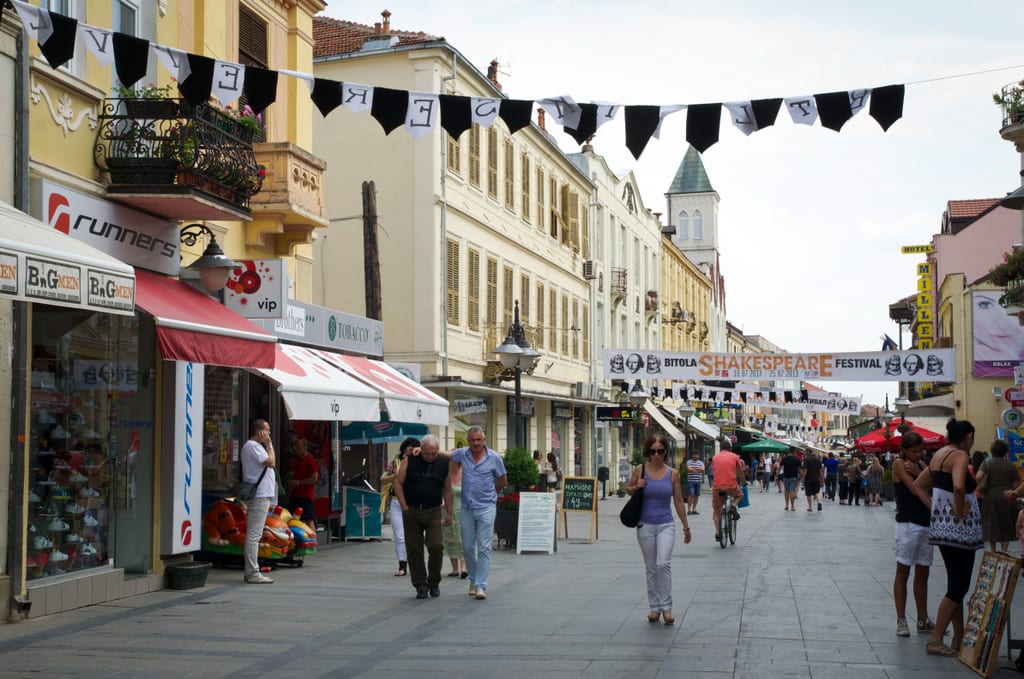 A cafe-lined street in Bitola, North Macedonia