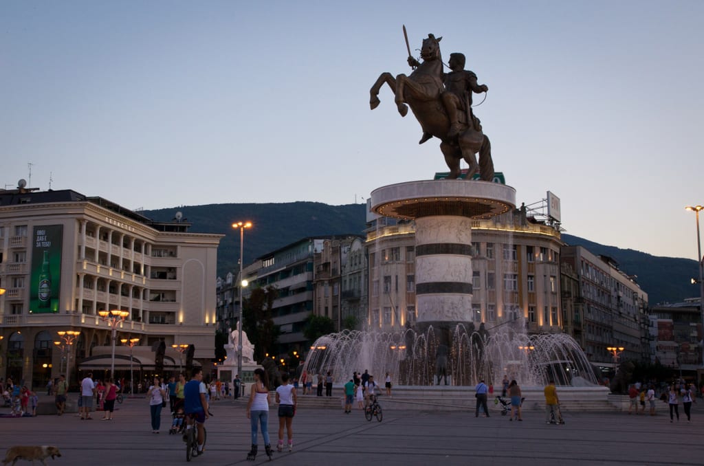 A giant Alexander the Great rearing horse statue in Skopje, North Macedonia