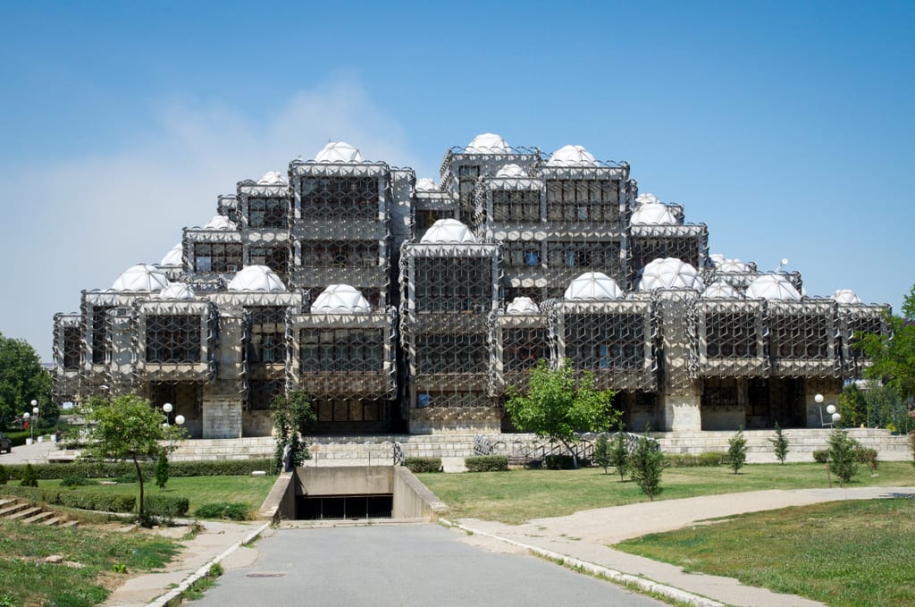 Prishtina's wacky, silver and white egg carton-evoking library