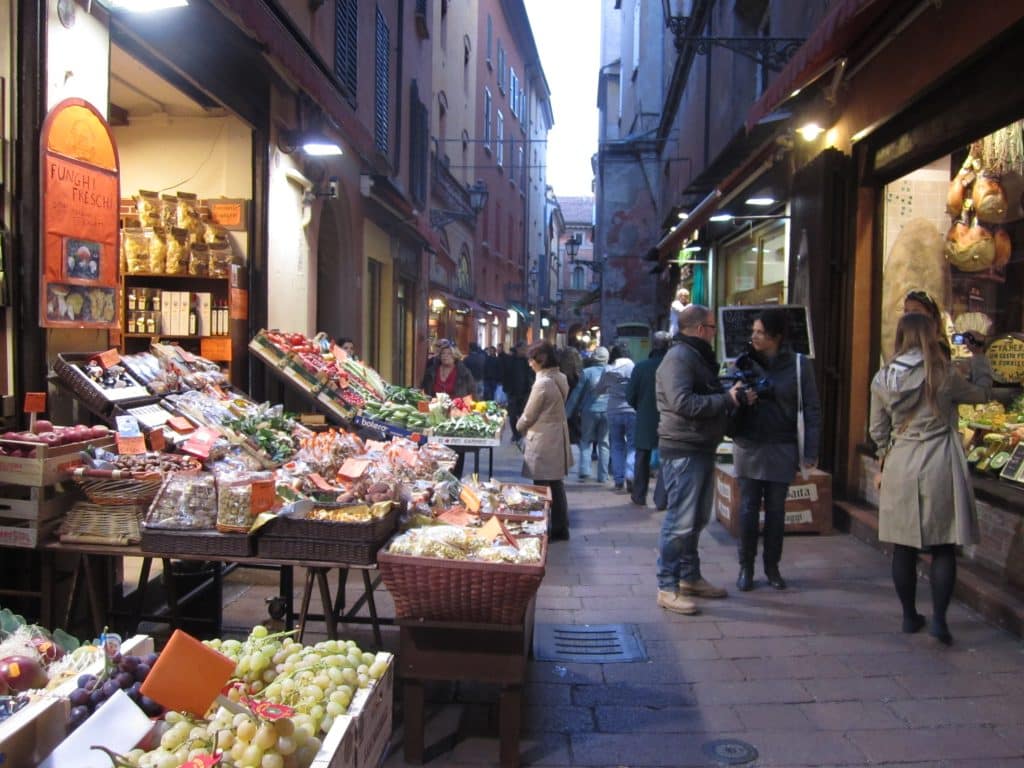 A food market on the street in Bologna Italy.