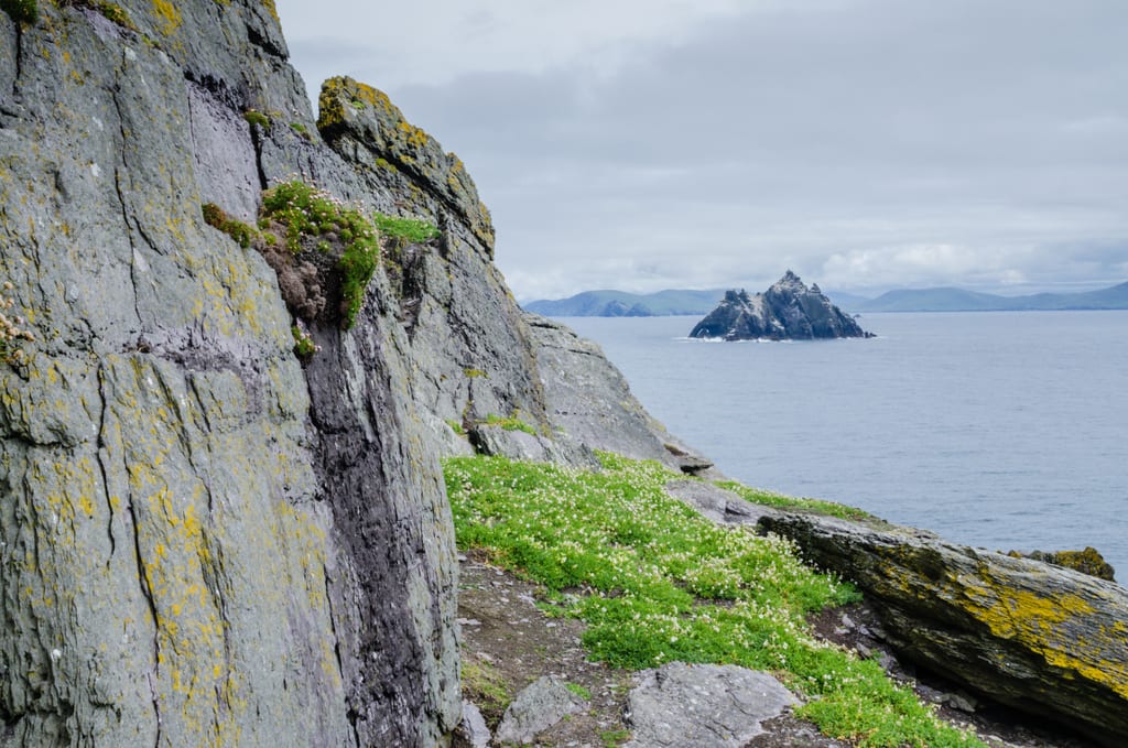 Rocky Skellig Michael, but looking off the island you can see the small island of Small Skellig in the distance.