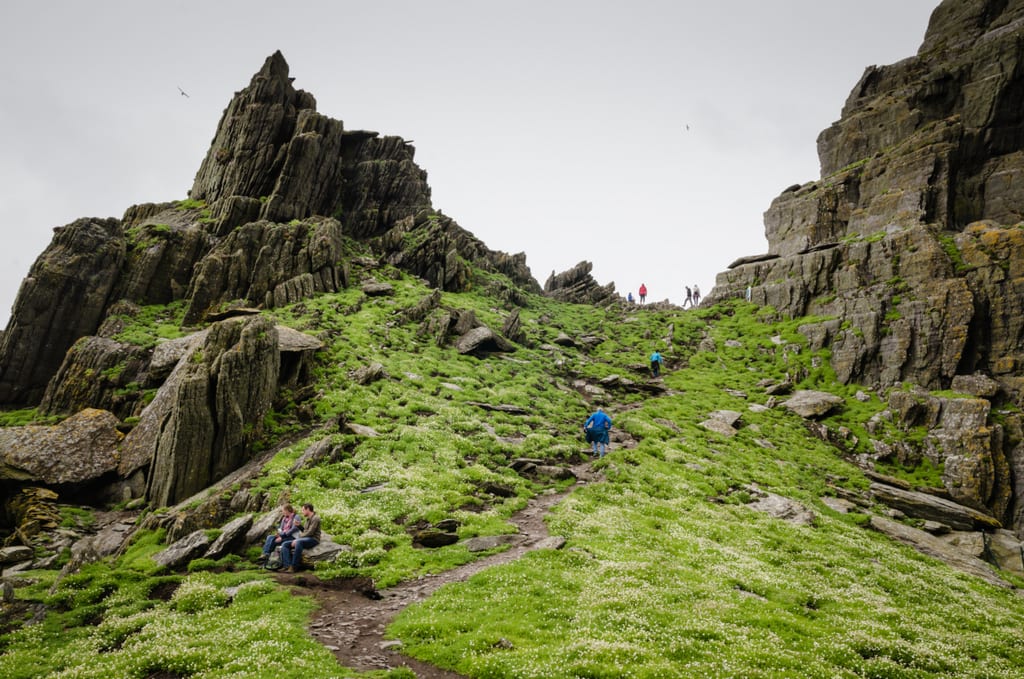 A rock and dirt path leading up to the top of Skellig Michael, jagged gray rocks bursting out of either side.