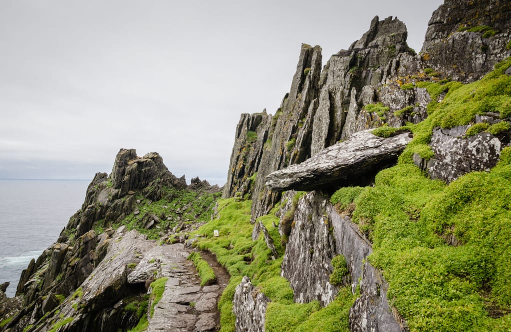 Rocky slabs sticking out of the green mossy hills in Skellig Michael.