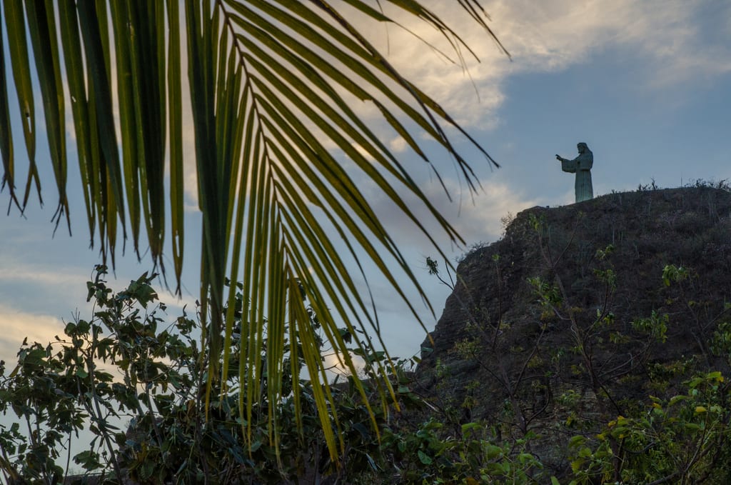 Jesus statue on a mountain in San Juan Del Sur, a palm frond in the foreground.