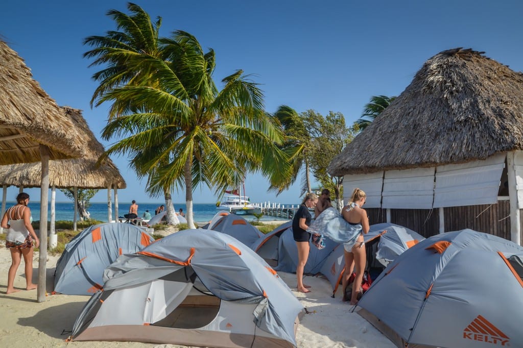 Tents on the beach, camping in Belize