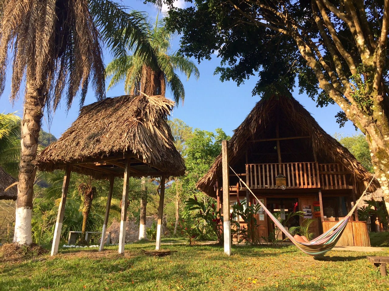 A thatched roof building and a hammock hanging in front of it.