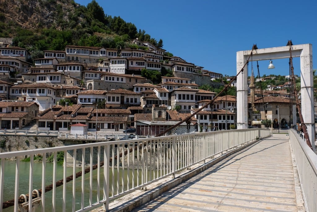 A bridge in front of the window-covered houses of Berat, Albania