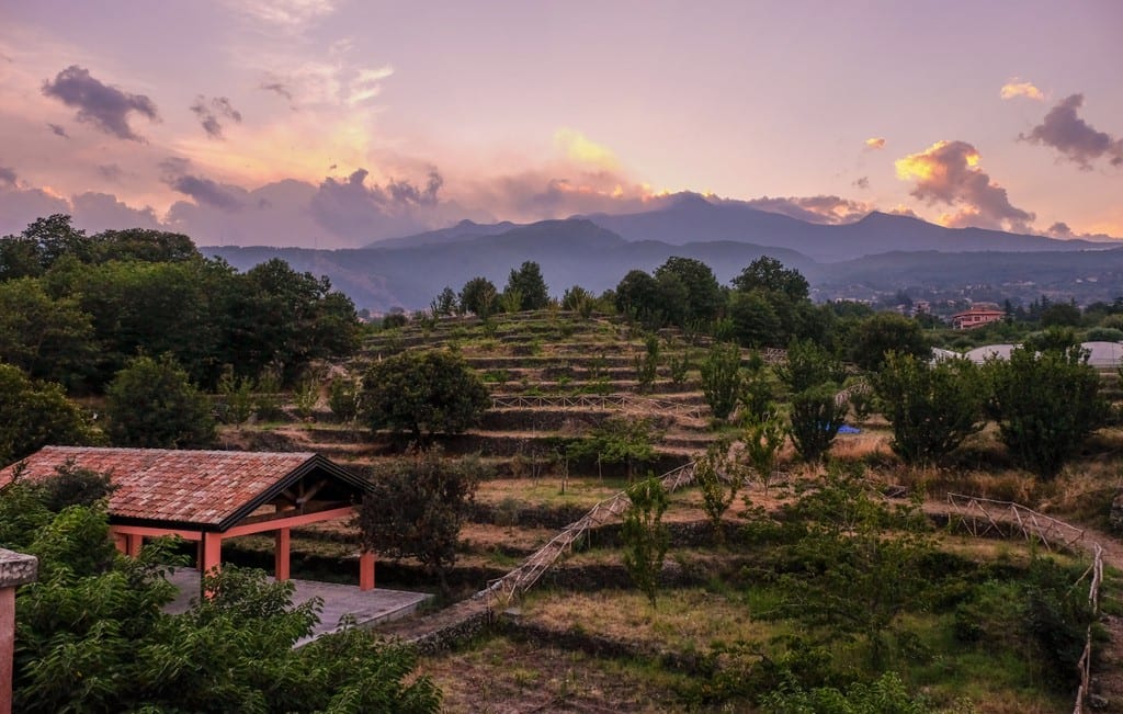 Views over an agriturismo in Sicily -- a farm building in the foreground and terraced farmland, underneath a purple sunset.