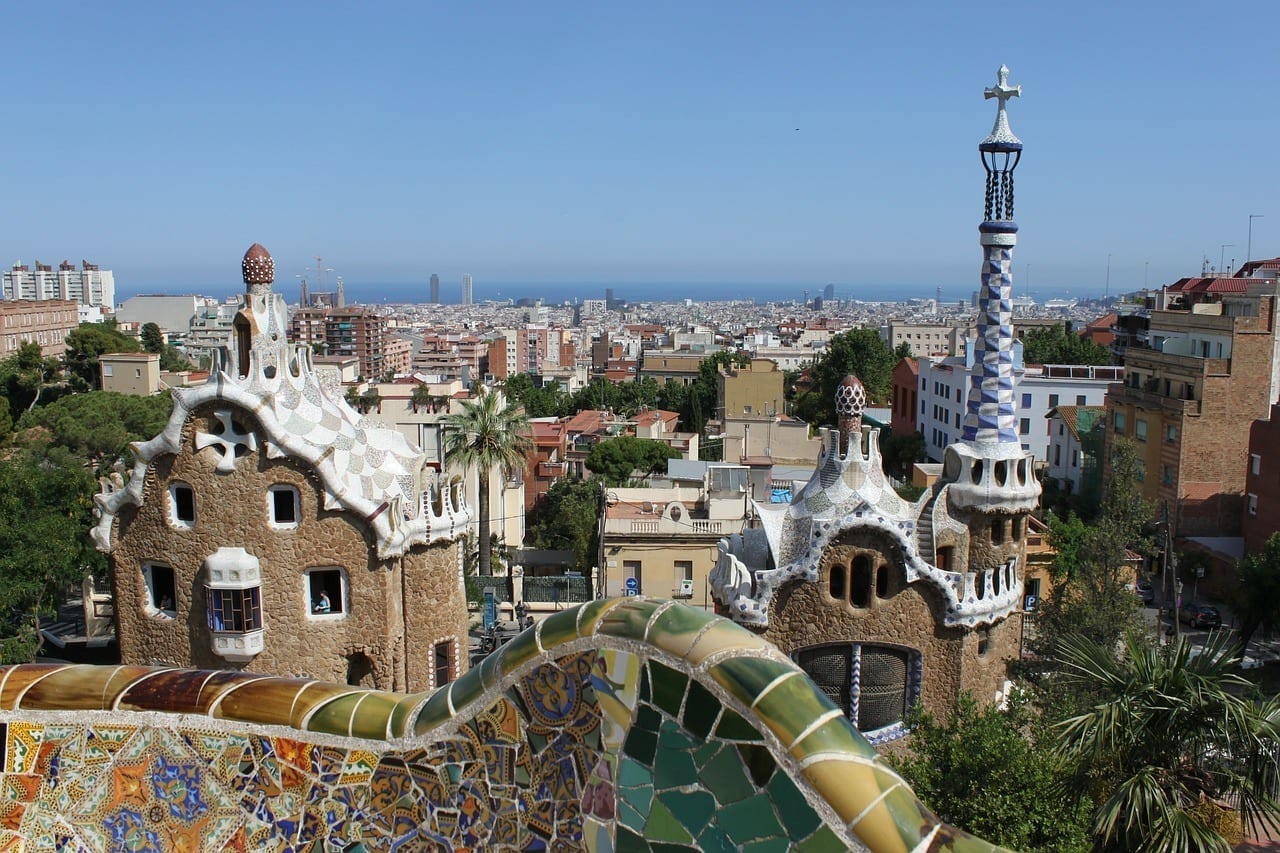 A view from the Parc Guell in Barcelona where Gaudi's strange, wavy sculptures and buildings look like somewhere trolls would live.