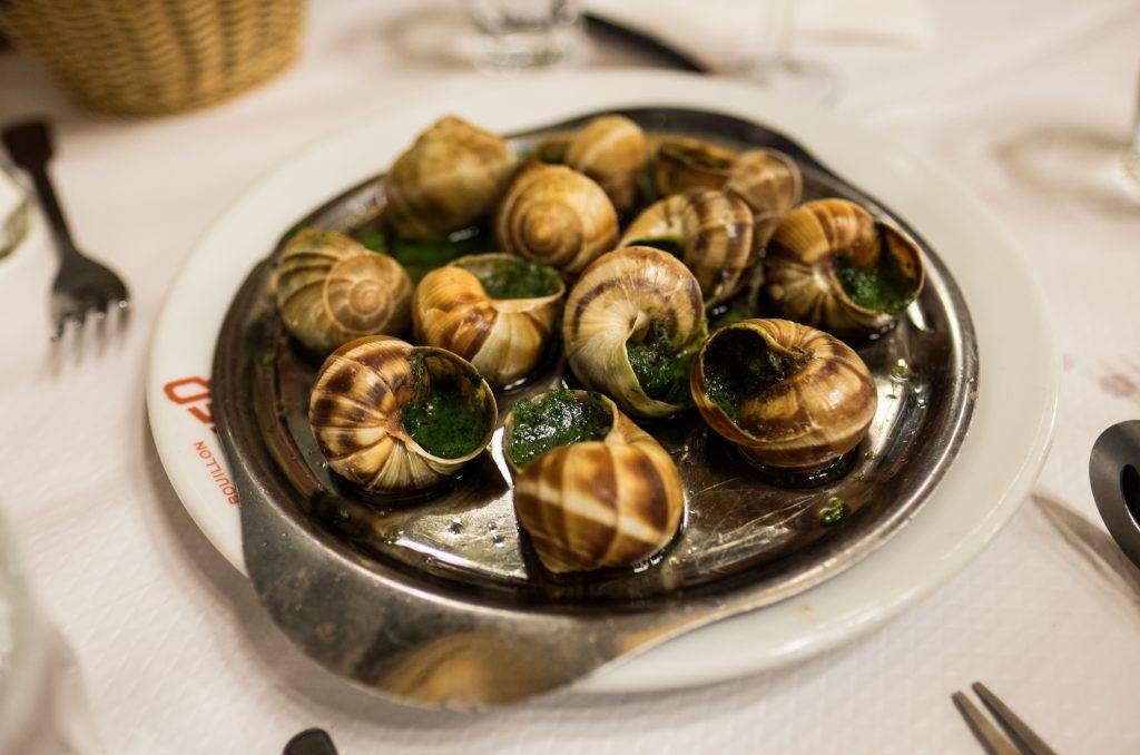 A dish topped with several snails cooked in a green sauce.