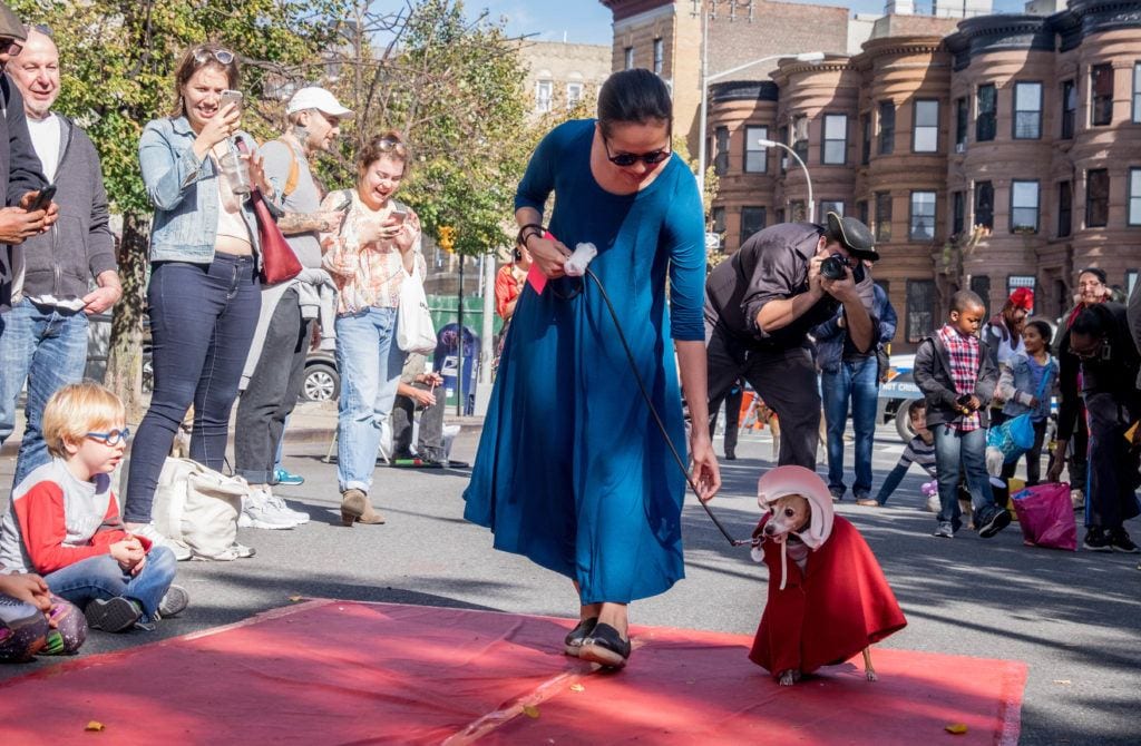 A woman in a blue dress walking a whippet dressed as a handmaid in a red cape and white bonnet at a Halloween Dog Parade.