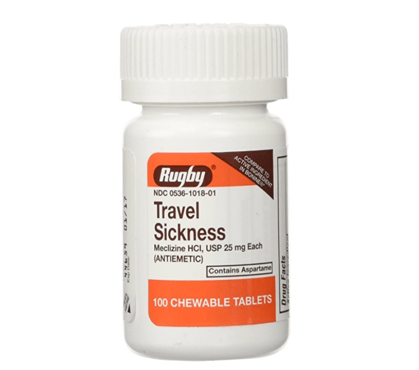 A pill bottle of motion sickness medication