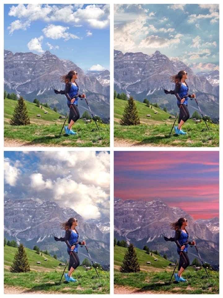 Four photos of Kate in front of the same mountaintop with different kinds of skies behind her.