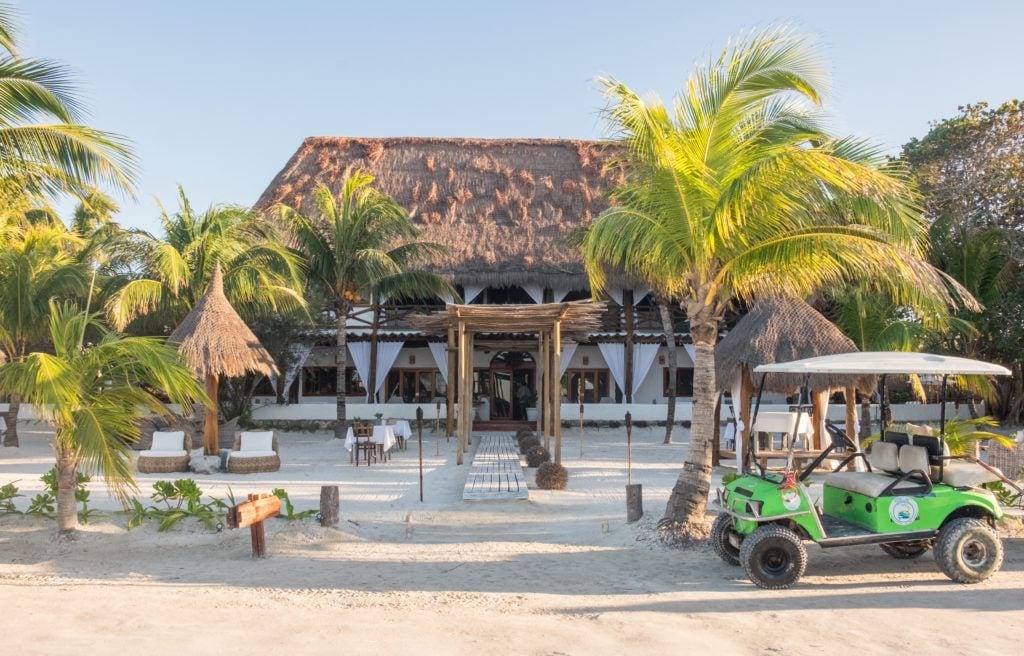 Casa Sandra, with its thatched roof, surrounded by palm trees, a green golf cart parked in front.