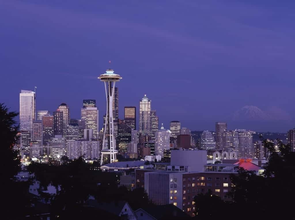 The Seattle skyline during a purple sunset.