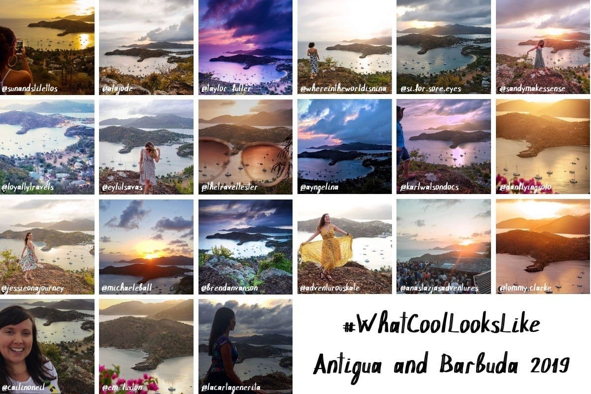 21 photos of different bloggers doing the same pose in front of a sunset at Shirley Heights, Antigua.