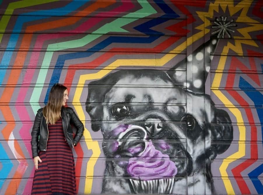 Kate wearing a blue-and-red-striped dress with a leather jacket in front of a mural with a pug wearing a tiny birthday hat and eating a purple frosted cupcake in San Francisco.