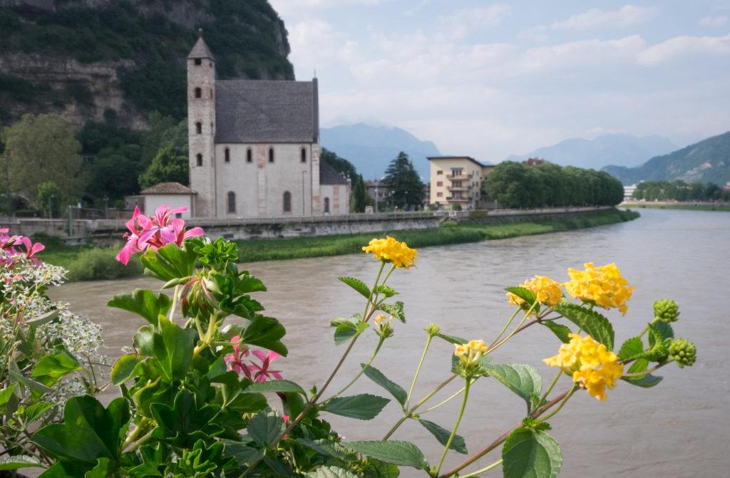 Yellow and pink flowers blooming from a blow in the foreground; a tiny church and river in the background. In Trento, Italy.