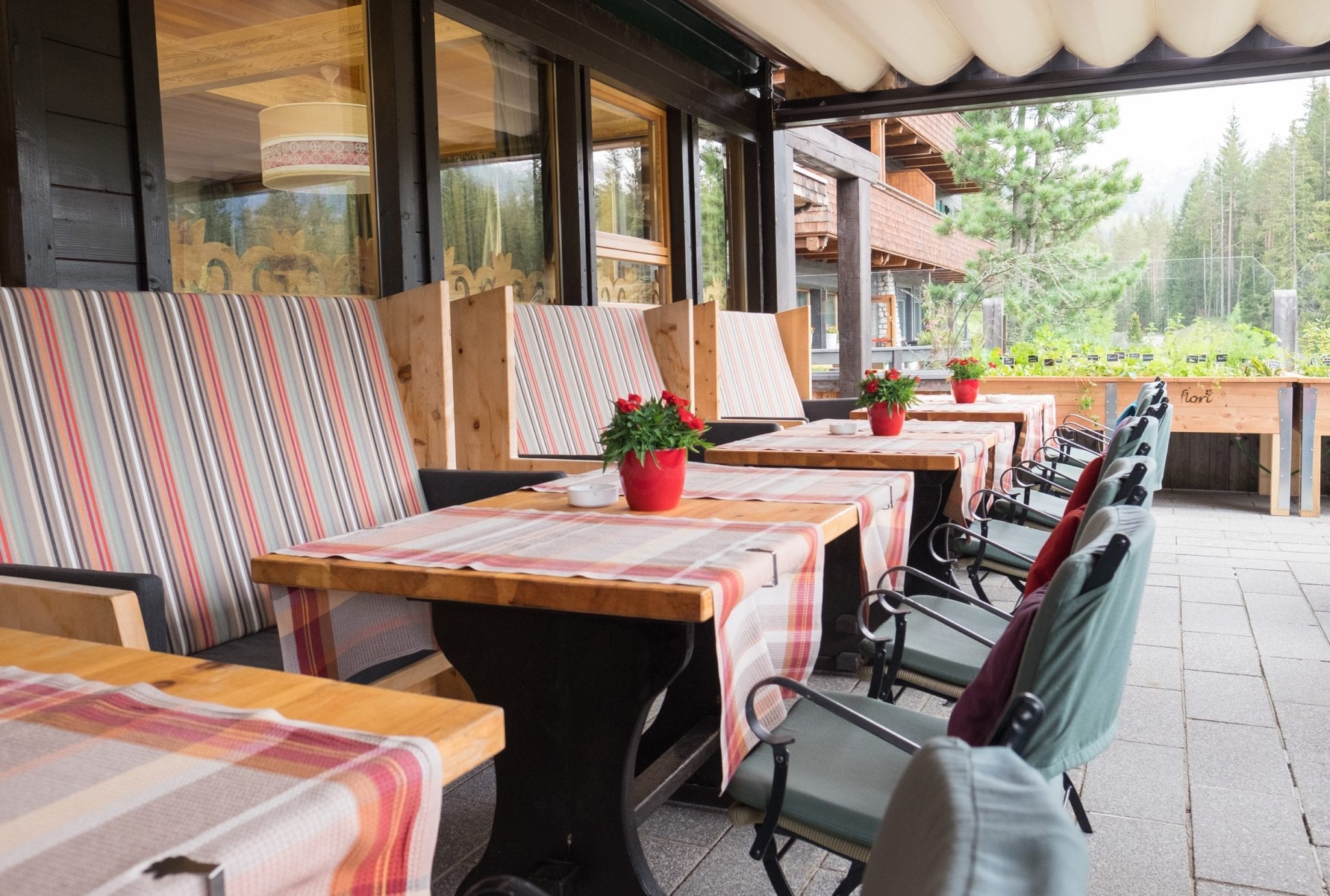 A patio with wooden booths and metal chairs, each table covered with a pot of red geraniums.