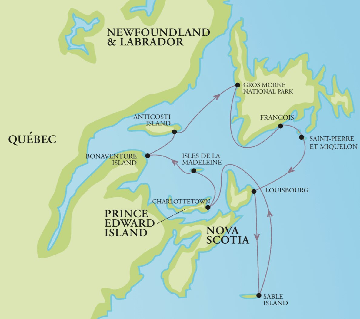 Map of Atlantic Canada with the OneOcean itinerary mapped out.