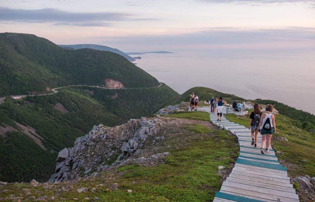 A staircase descending the hills at dusk in Cape Breton Highlands National Park