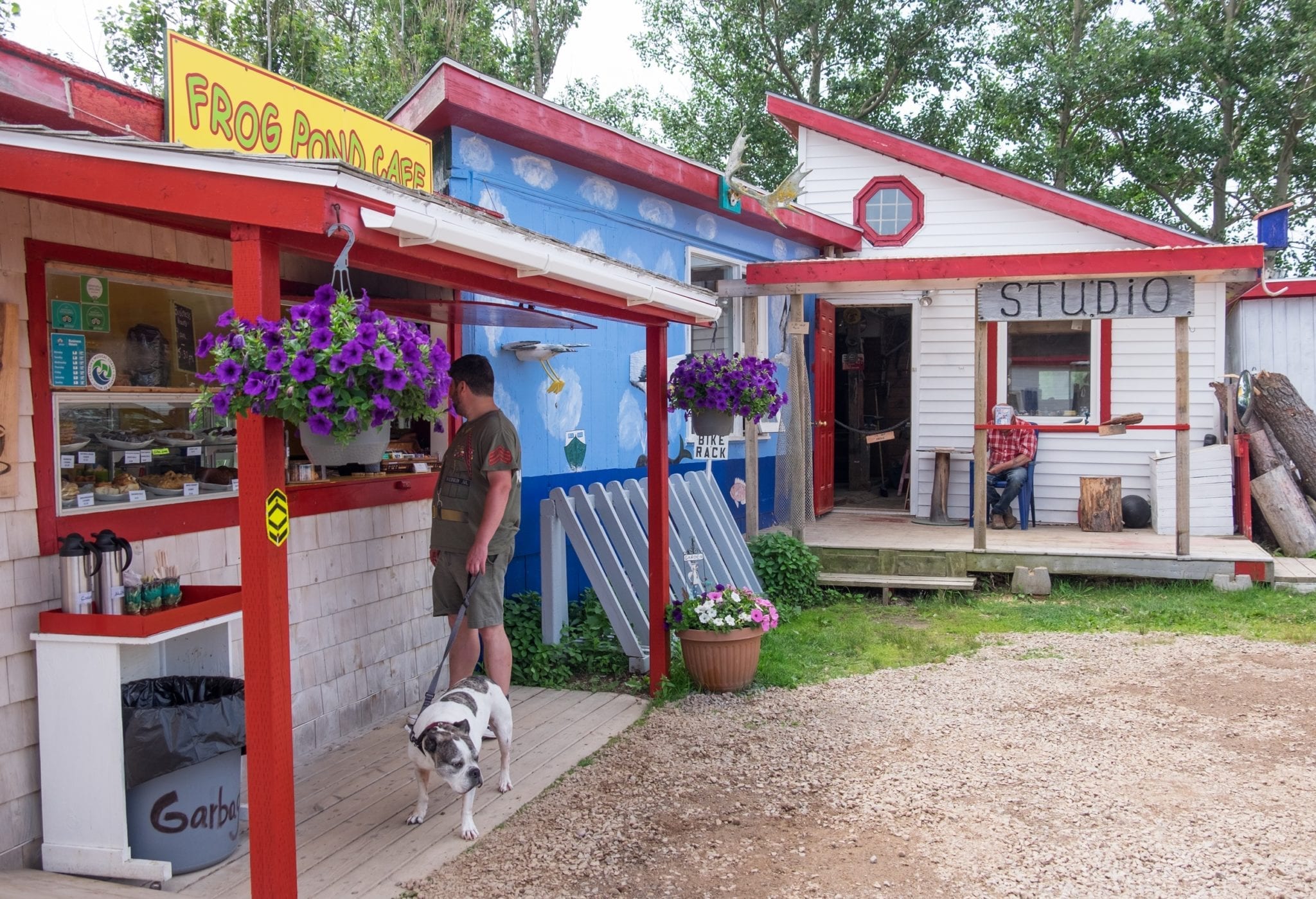 Two wooden buildings side by side: an espresso bar and an art gallery. A man orders a coffee with his pit bull.