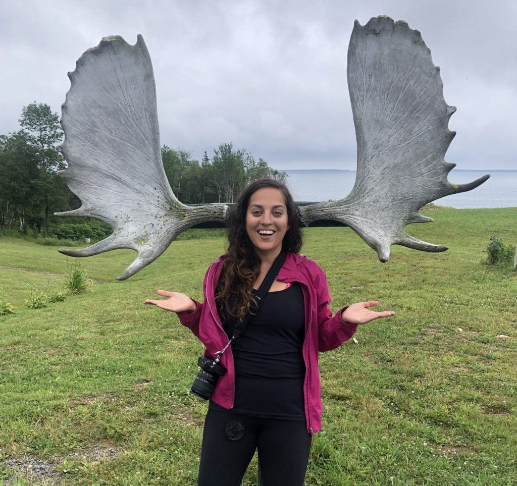 Kate poses in front of a diorama where you can pretend to have giant moose ears.