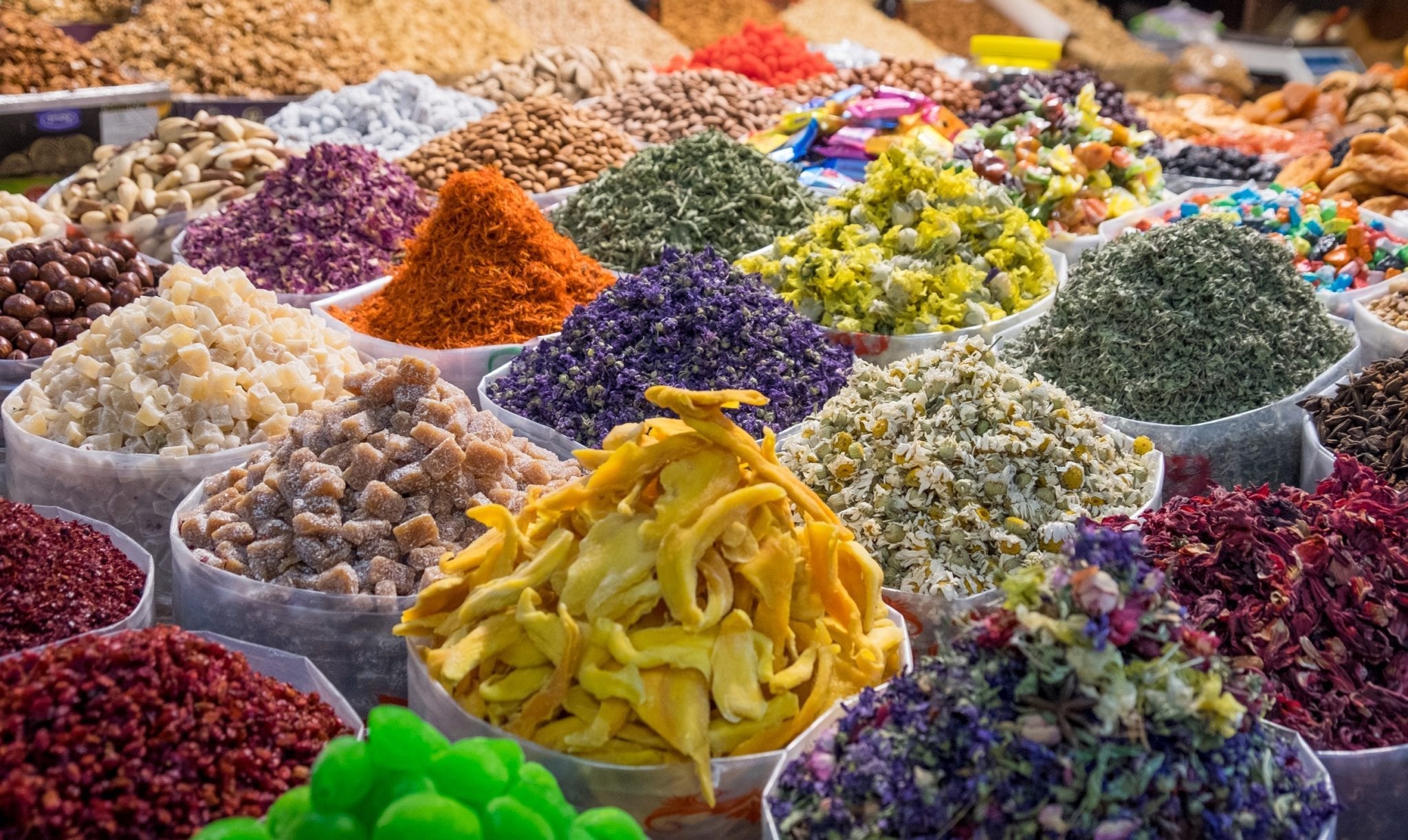 Piles of spices and dried fruits in perfectly conical piles in Baku, Azerbaijan.