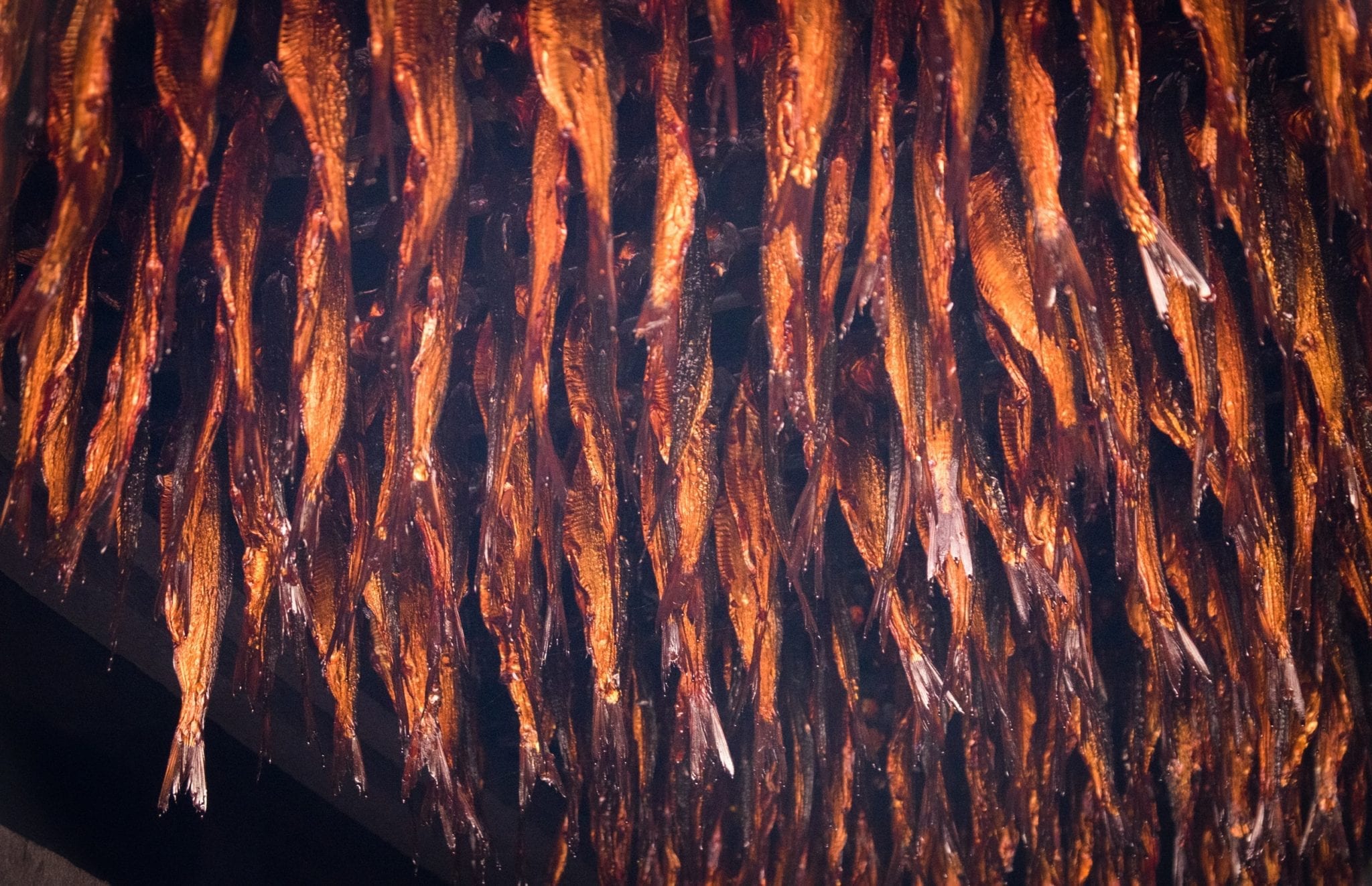 Smoked herring hanging from the ceiling.