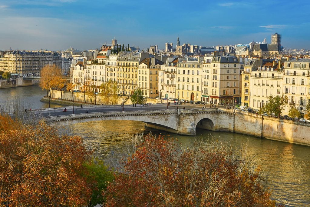 An island in Paris surrounded by the Seine River, topped with white buildings with gray roofs.