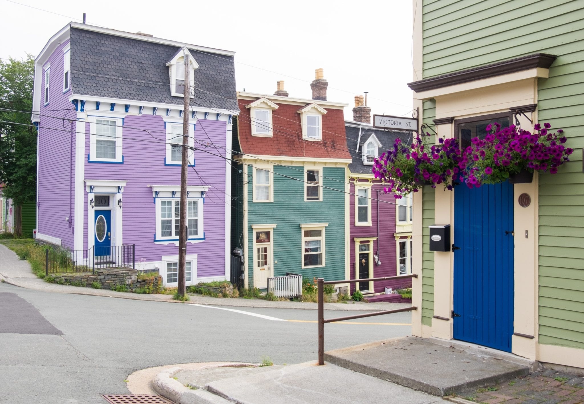 Victoria Street in Jelly Bean Row, with a bright purple, dark blue-green, plum, and pea-green set of houses.