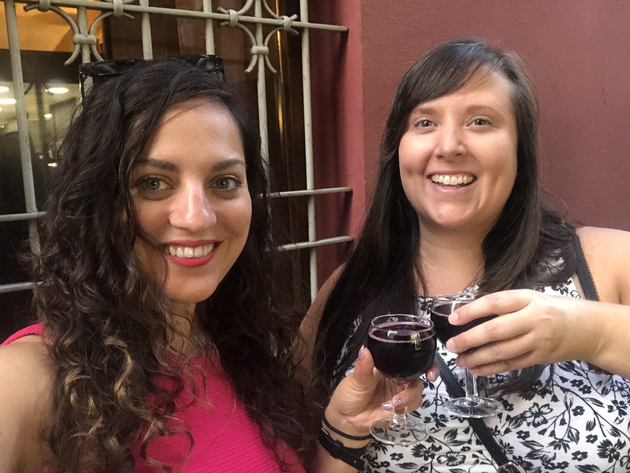 Kate and Cailin take a smiling selfie while toasting small glasses of red lambrusco wine.