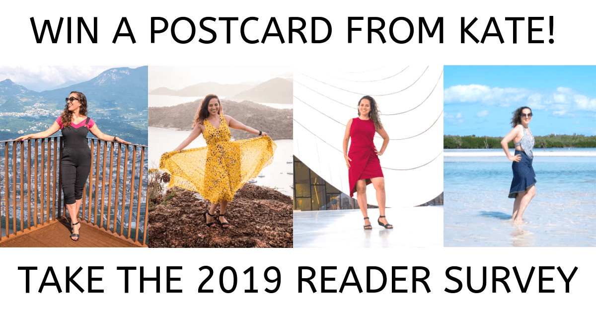 Four photos of Kate with the text "Win a postcard from Kate! Take the 2019 reader survey."