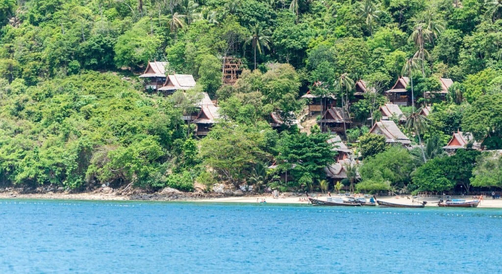 Bungalows hidden in the trees offshore at Koh Phi Phi