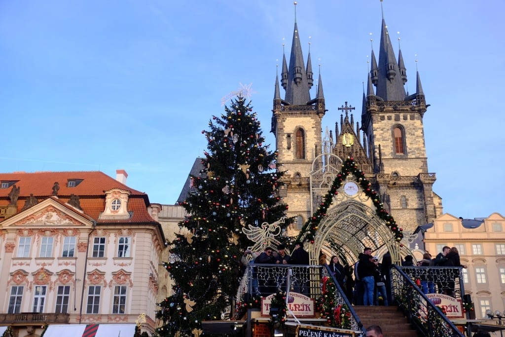 A Christmas tree in front of the cathedral in old town square, Prague.