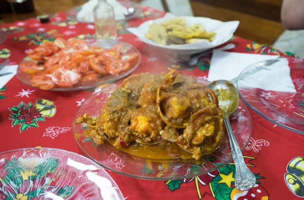 Lobster stewed in tomatoes, onions and peppers.