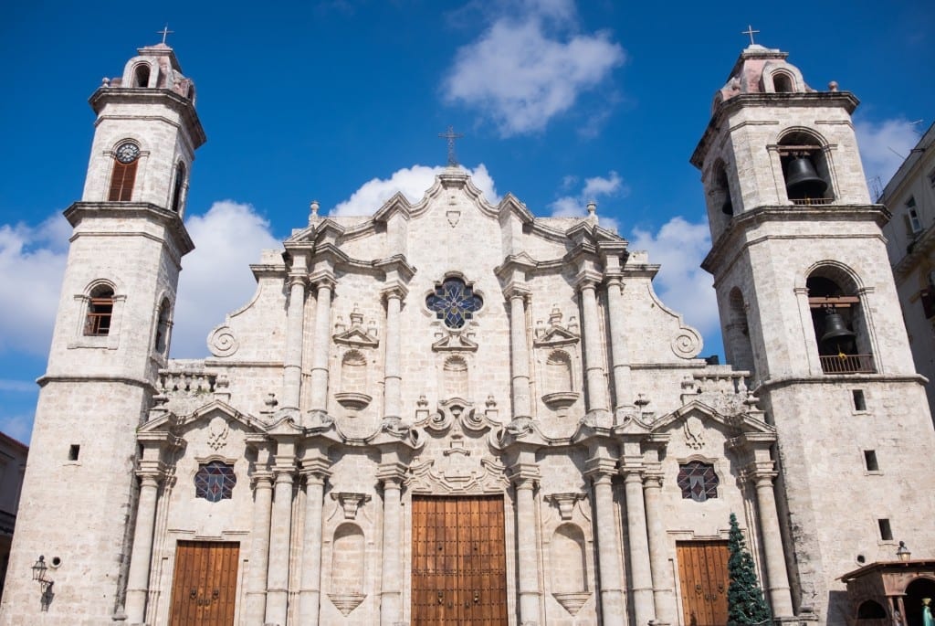 A church in Old Havana, set against a blue sky.