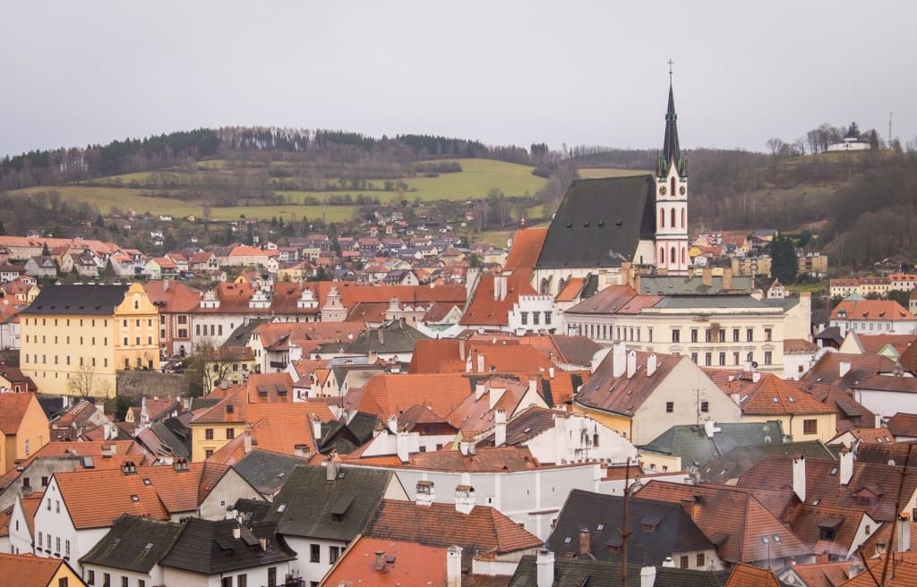 Skyline view of Cesky Krumlov with the church.