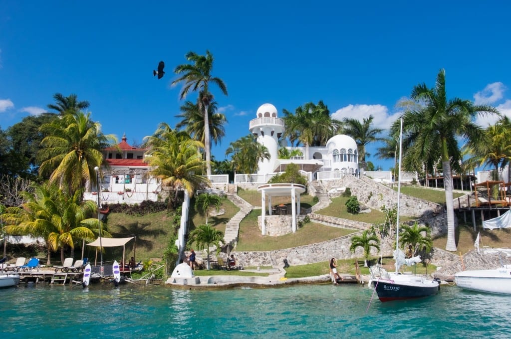 A White Castle-like building on the shores of Lake Bacalar.