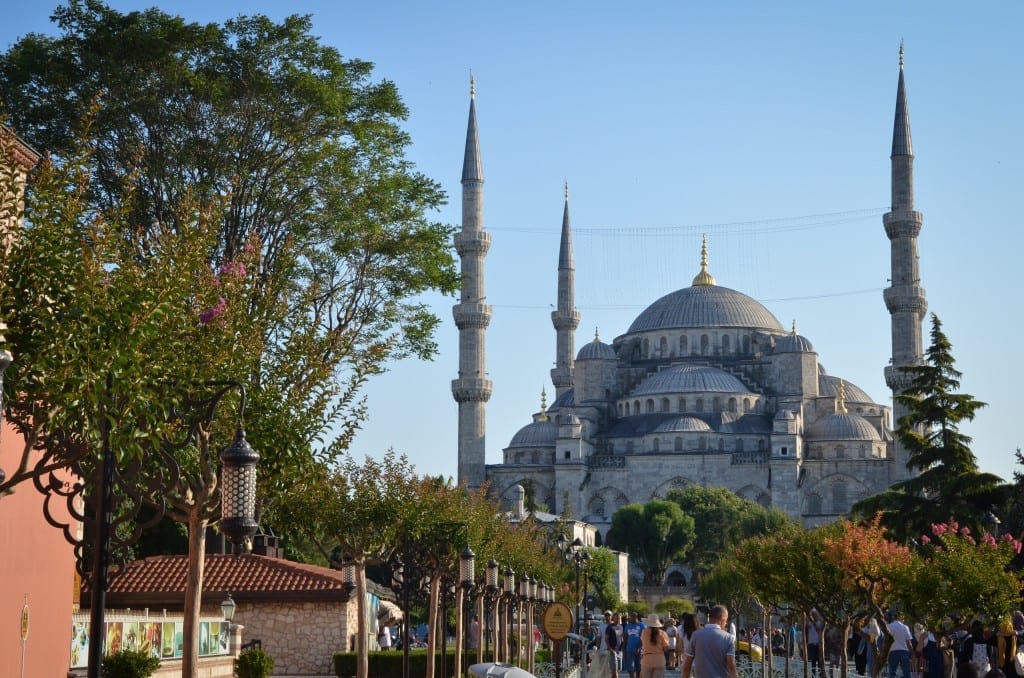 The Blue Mosque at dusk in Istanbul.