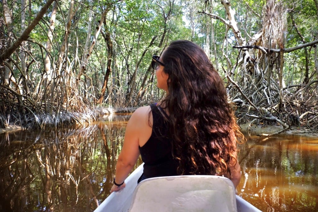 Kate on a boat in Celestun, exploring the mangroves.