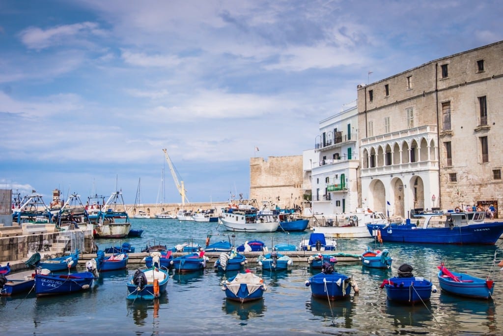 Blue boats in a small harbor with white buildings on one side in Monopoli, Italy.